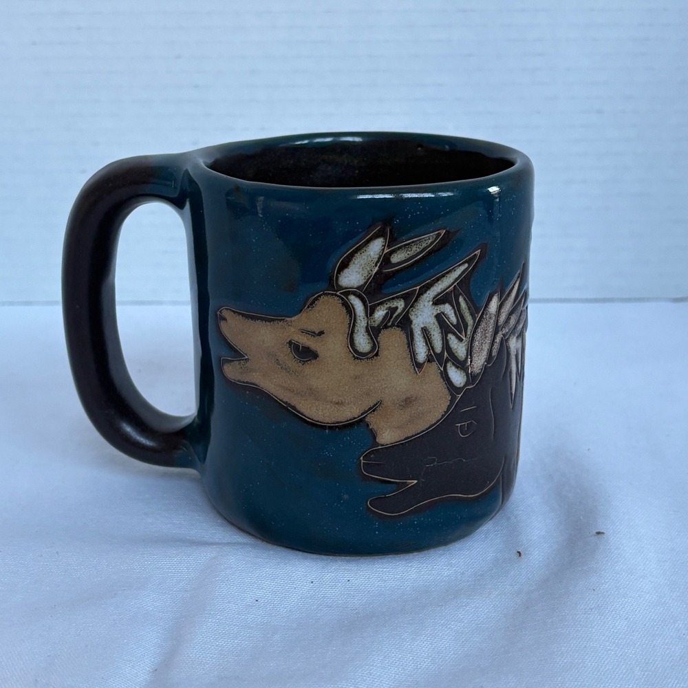 Handmade‎ Ceramic Mug Teal Blue Dog Horse Animal Design Signed